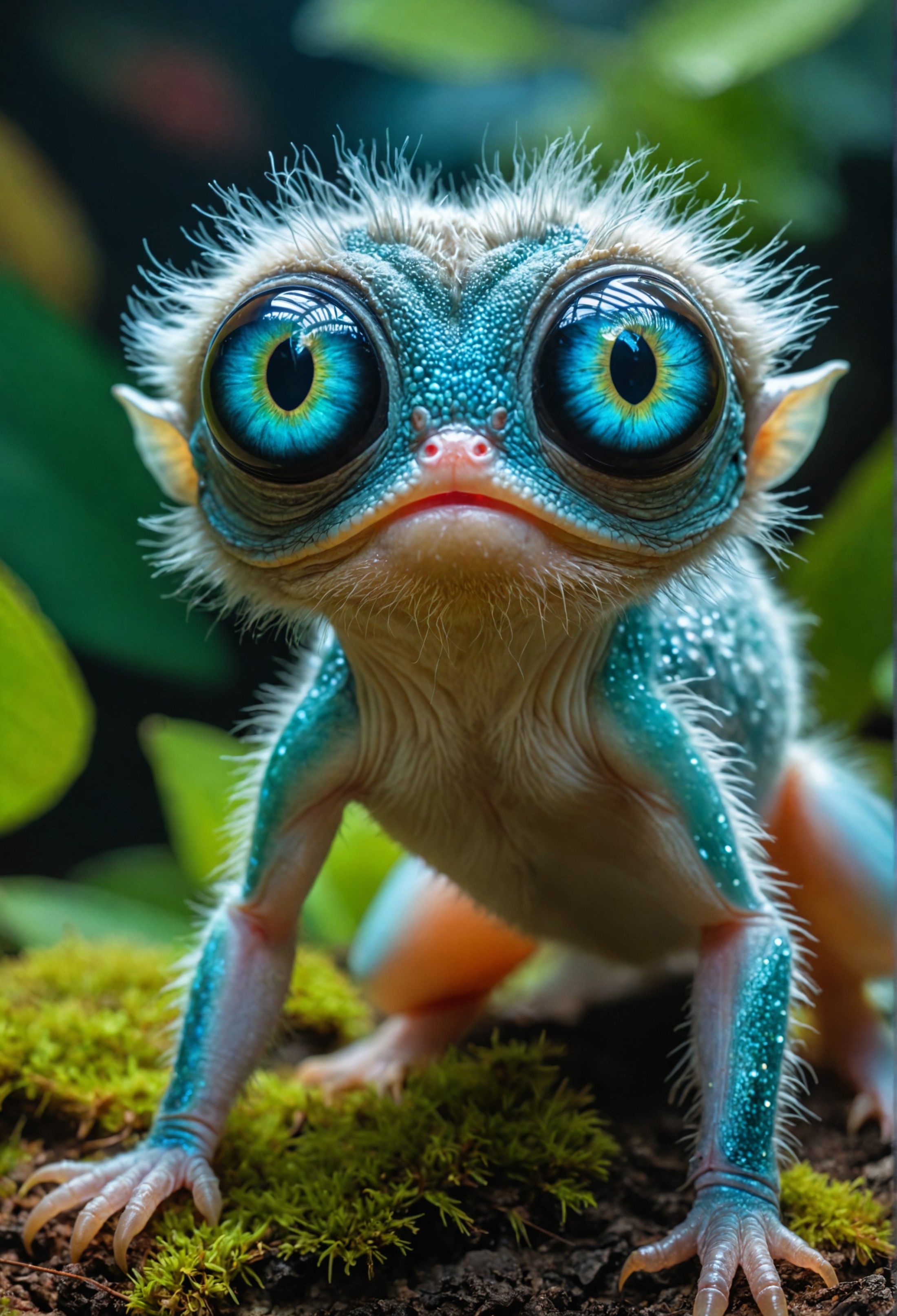 Majestic wildlife photography, astrobiology, a cute alien creature, furry, iridescent bioluminesence, giant eyes, unusual ...